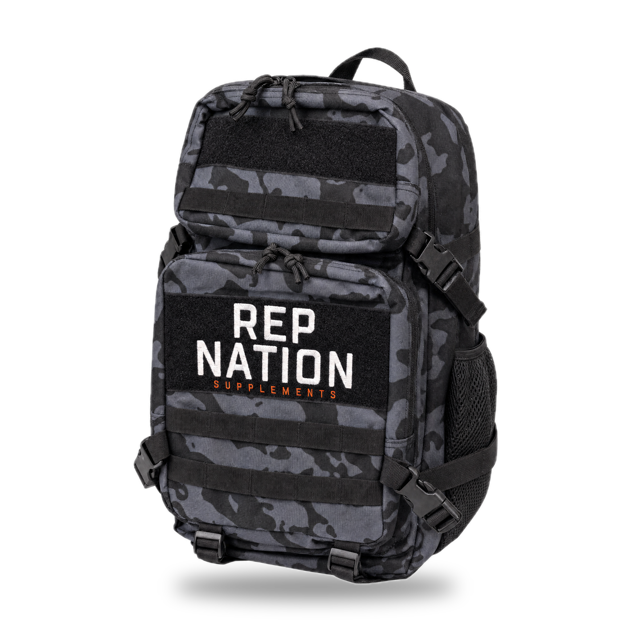 Rep Nation Tactical Bag 65L, three-quarter view with MOLLE webbing and side bottle pocket