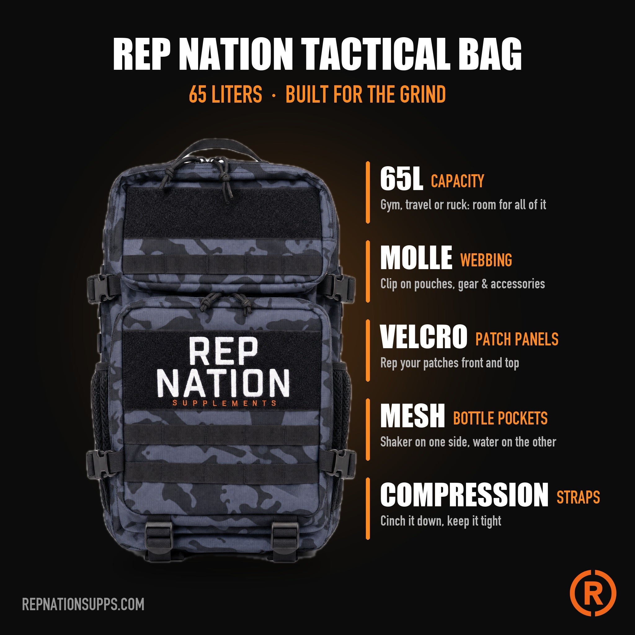 Rep Nation Tactical Bag 65L features: 65L capacity, MOLLE webbing, velcro patch panels, mesh bottle pockets, compression straps